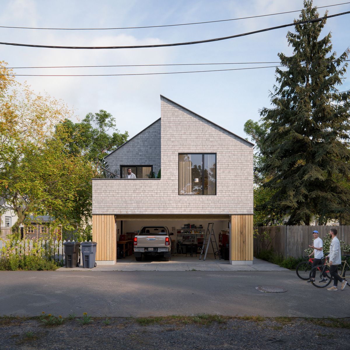 A 3D rendering of a  two storey garage with a ADU above. The exterior is  light colored shingles with wood accents, featuring an asymmetrical roofline and large windows.